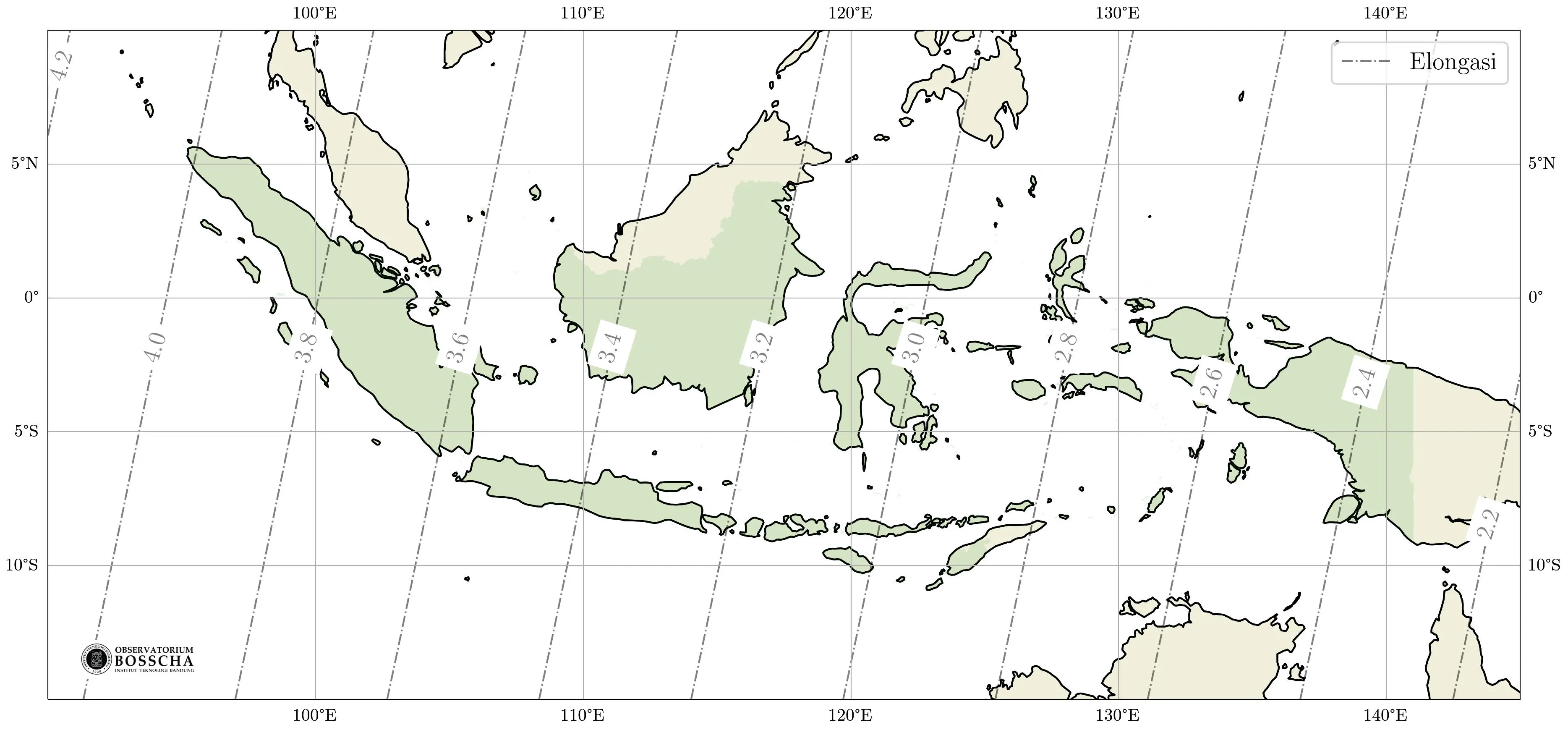 **Gambar 3.** Peta Elongasi Bulan dan Matahari saat Matahari terbenam pada Kamis, 20 April 2023.