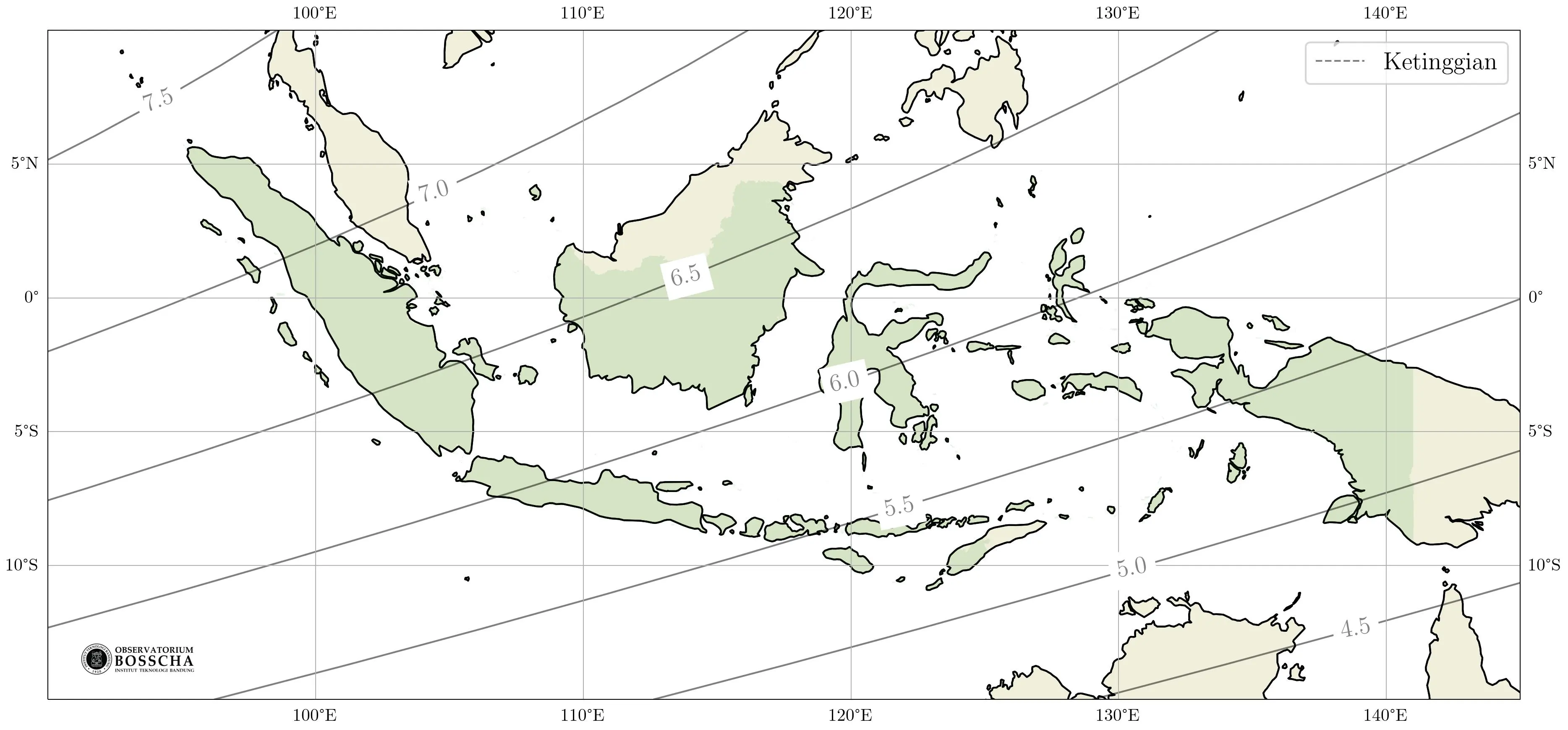 **Gambar 3.** Peta Ketinggian Bulan saat Matahari terbenam pada Selasa, 18 Juli 2023